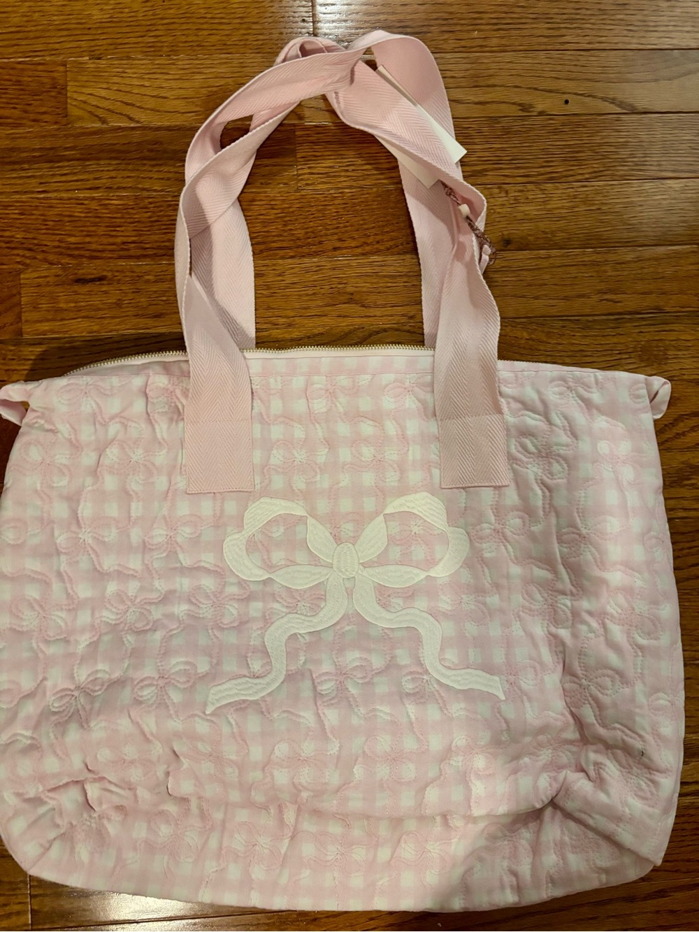 LoveShackFancy Oran Weekender Pale Pink Quilted Tote with White Bow